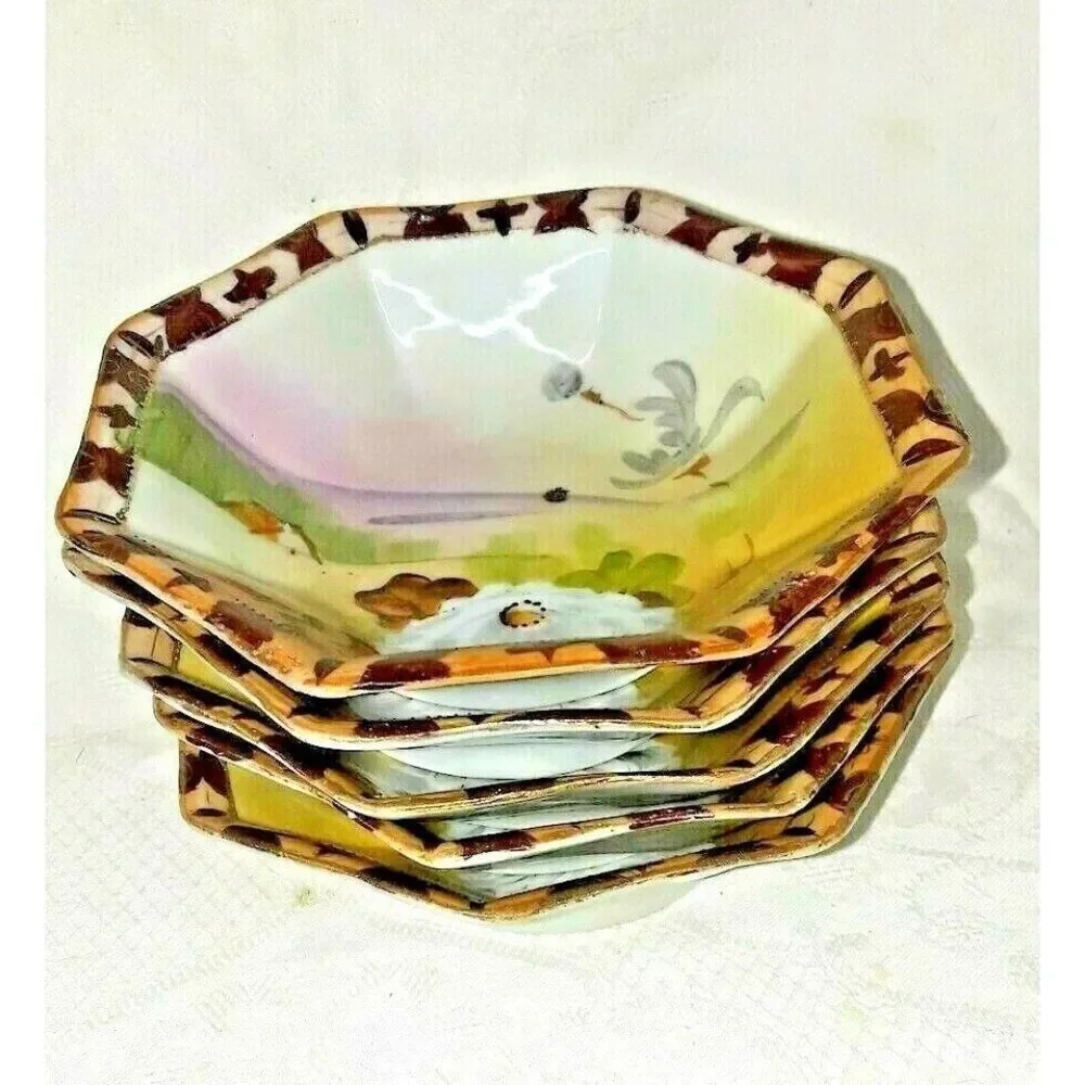 Antique Nippon Tohina TE-OH Small Berry Bowls Octagon Floral Landscape Set of 5 - Picture 3 of 5